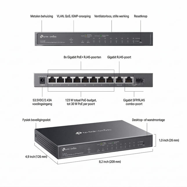 ES210GMP Omada 10-Poorts Gigabit Easy Managed Switch met 8-Poorts PoE+