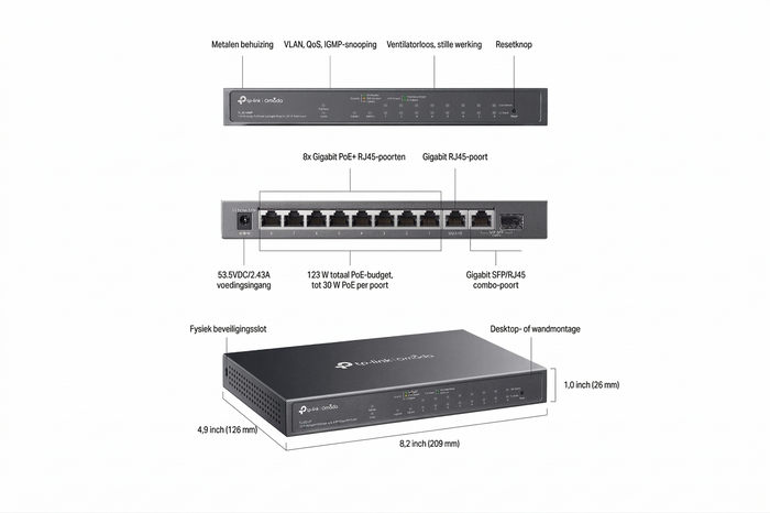 ES210GMP Omada 10-Poorts Gigabit Easy Managed Switch met 8-Poorts PoE+